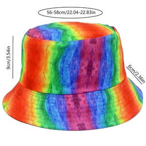Detailed size chart for rainbow tie-dye bucket hat showing brim width and head circumference