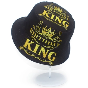 Black cotton bucket hat with gold Birthday King text and crown for party celebration