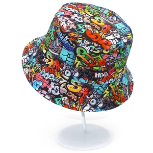 Graffiti printed bucket hat in colorful street style cotton canvas for outdoor sun protection