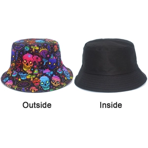 Detail view of reversible bucket hat showing colorful psychedelic print and solid black side