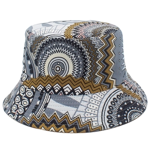 Ethnic print bucket hat with geometric tribal pattern in grey and yellow for outdoor sun protection