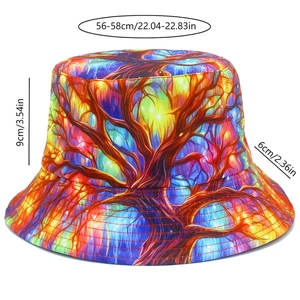 Artistic bucket hat with colorful tree patterns showing specific size measurements