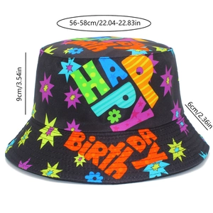 Detailed size chart for black Happy Birthday bucket hat showing 56-58cm head circumference