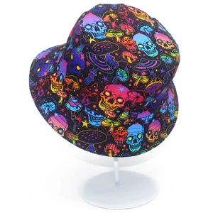 Double-sided bucket hat with colorful skull and mushroom prints on a black base
