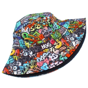 Detail of street style graffiti print bucket hat with colorful hand-drawn patterns