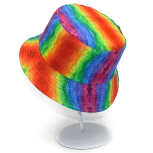 Colorful tie-dye rainbow bucket hat for men and women featuring a reversible wide brim design