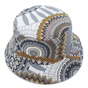 Close-up of ethnic bucket hat featuring complex geometric patterns and bohemia prints