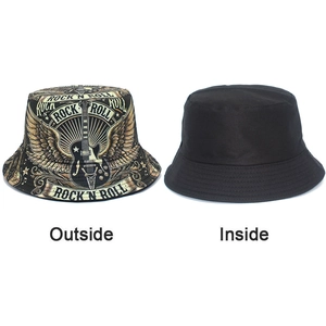 Cappello a secchiello reversibile con stampa chitarra rock vintage e interno nero