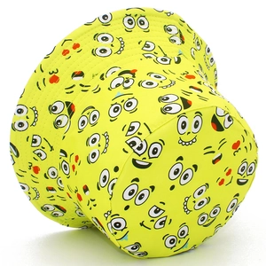 Gelber Fischerhut mit Cartoon-Emoji-Print für sommerlichen Outdoor-Sonnenschutz