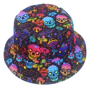 Neon skull and mushroom print bucket hat for sun protection with double-sided street style