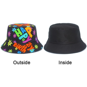 Dual-sided birthday bucket hat showing colorful festive print and plain black interior