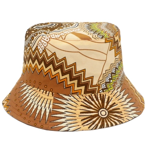 Ethnic bohemian print bucket hat with geometric sun patterns for outdoor sun protection