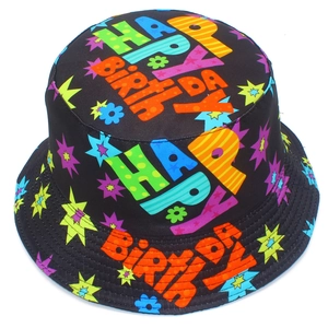 Close-up of Happy Birthday bucket hat with colorful neon star and flower patterns