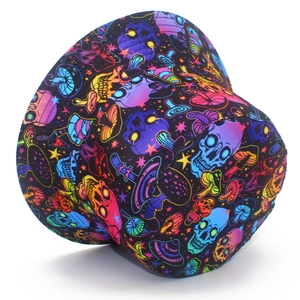 Detail shot of black bucket hat with colorful neon skull and mushroom psychedelic patterns