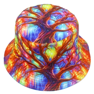 Artistic bucket hat with vibrant rainbow tree patterns for outdoor leisure sun protection