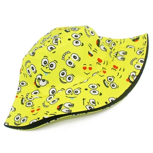 Gelber Fischerhut mit Cartoon-Lächeln-Print und schwarzem Kontrastfutter für Sonnenschutz