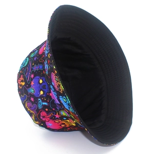 Detail of reversible bucket hat showing black interior and colorful skull mushroom print