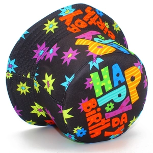 Festive black Happy Birthday bucket hat with colorful star patterns for party outdoor wear