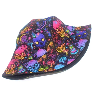 Detailed close-up of reversible bucket hat with psychedelic skull and mushroom patterns