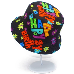 Black Happy Birthday bucket hat with colorful star patterns for party celebrations