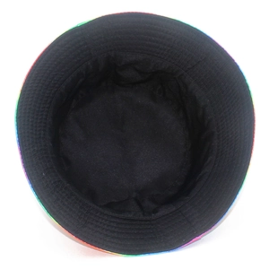 Detailed top view of reversible bucket hat showing black lining and multi-colored brim edge