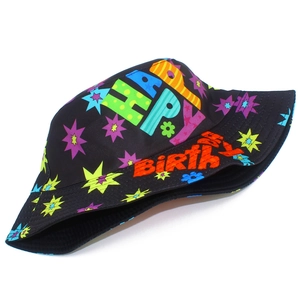 Detail of black Happy Birthday bucket hat with colorful star and floral print