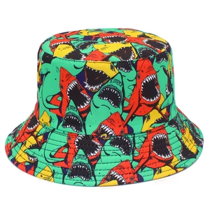 Double-sided bucket hat with colorful shark print for sun protection and outdoor use