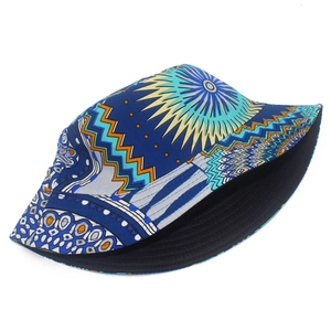 Close-up of ethnic geometric print bucket hat with colorful tribal patterns and wide brim