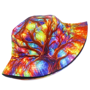 Artistic bucket hat with colorful tree patterns and black lining for outdoor sun protection