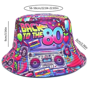 Retro graffiti bucket hat featuring 80's print with size guide: 56-58cm head circumference