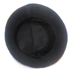 Detail shot of a bucket hat interior featuring black fabric and a colorful patterned brim