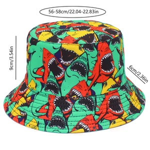 Shark print bucket hat sizing detail with head circumference, brim width and hat depth