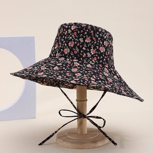 Detail of wide brim sun hat with red floral pattern on black fabric and windproof ribbon