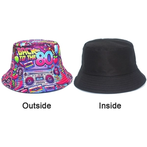 Reversible bucket hat detail showing retro 80s print outside and plain black inside