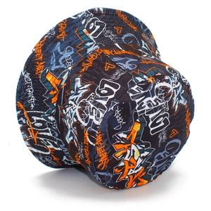 Streetwear graffiti bucket hat with vibrant orange and blue letter prints on dark blue