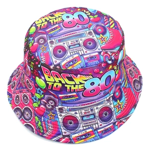 Retro 80s themed bucket hat with boombox and roller skates print on white background