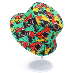 Unisex bucket hat with colorful cartoon shark print for beach and casual outdoor wear