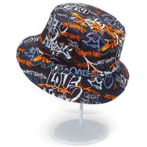 Street art graffiti bucket hat in black with vibrant orange and blue urban letter prints