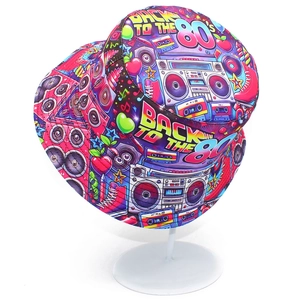Retro 80's style bucket hat featuring colorful radio and cassette tape patterns