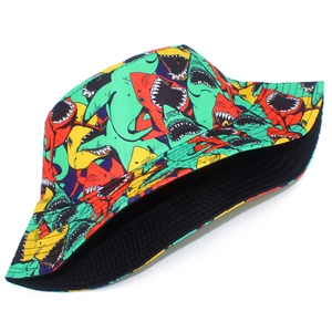 Colorful bucket hat with cartoon shark print for beach vacation and outdoor sun protection
