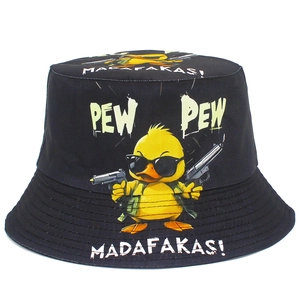 Black canvas bucket hat with cool yellow duck print and Pew Pew streetwear design