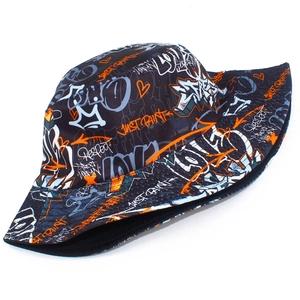 Streetwear graffiti bucket hat with orange and white urban letter prints on black canvas