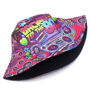 Retro 80s style reversible bucket hat with vibrant pop art digital prints and black lining