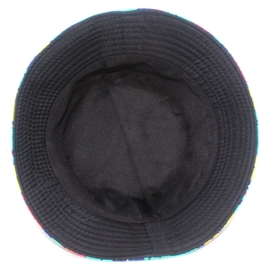 Detail of black reversible bucket hat lining with reinforced stitching and shark pattern edge