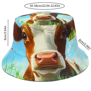 Diagramme détaillé du chapeau bob à motif vache montrant les dimensions exactes