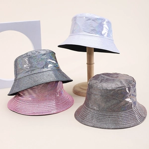 Colorful holographic PU leather bucket hats with laser metallic finish for sun protection