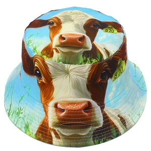 Bob mignon avec imprimé vache sur fond de ciel bleu et prairie pour protection solaire extérieure