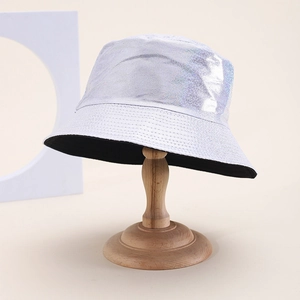 Metallic silver laser PU leather bucket hat for unisex street style fashion