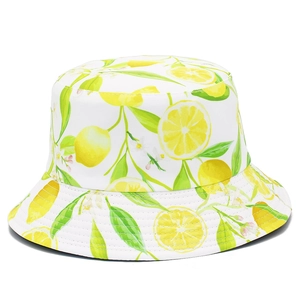 Fashionable white bucket hat with fresh yellow lemon print for summer sun protection