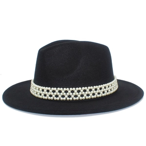 Elegant black wool fedora hat with triple-row pearl band for women and men
